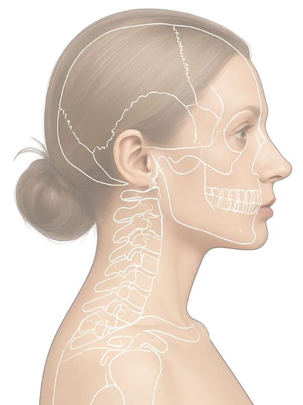 Anatomical illustration, lateral view of the human skull and cervical spine showing vertebrae C1 through C7 and upper thoracic levels