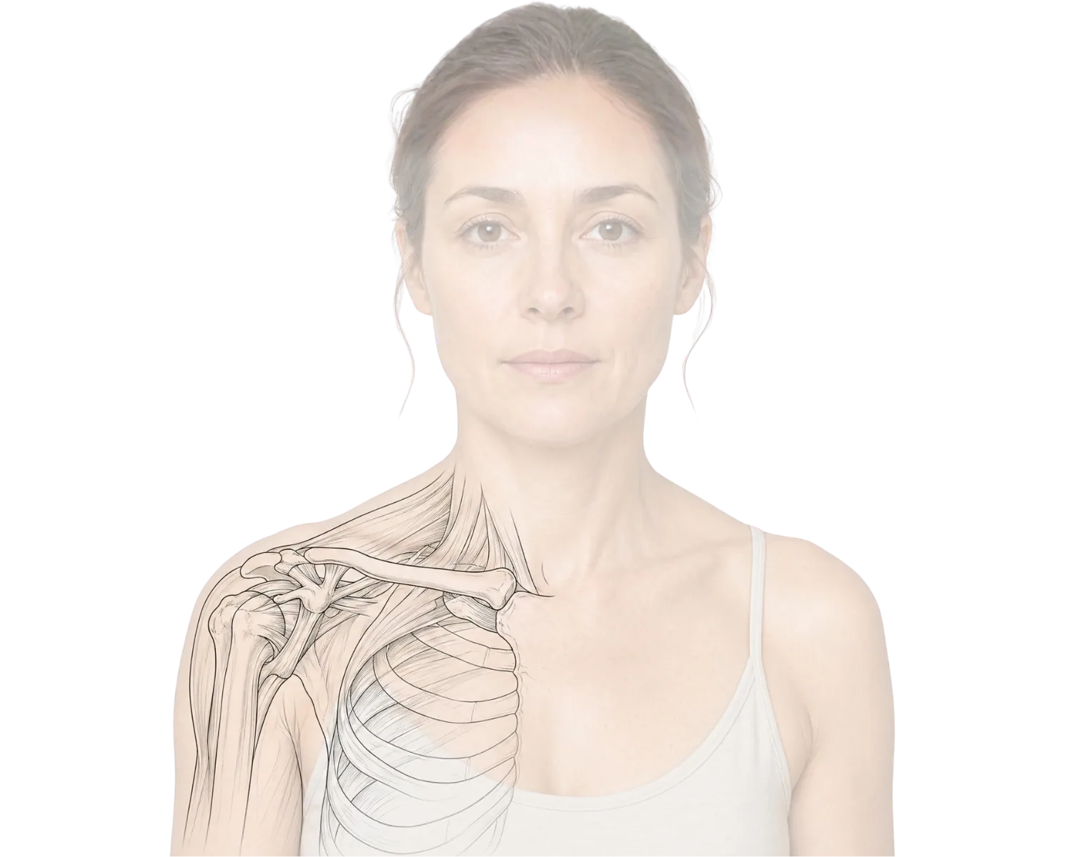 Anatomical illustration, anterior view of the human shoulder showing the humerus, scapula, clavicle, rotator cuff, and surrounding tendons